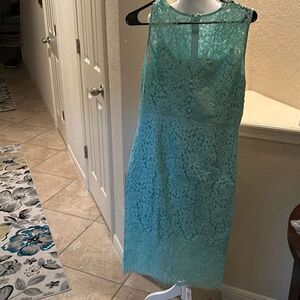 Bardot Women's L Lace Panel Sheath Dress Pastel Mint Blue Midi Knee Length New